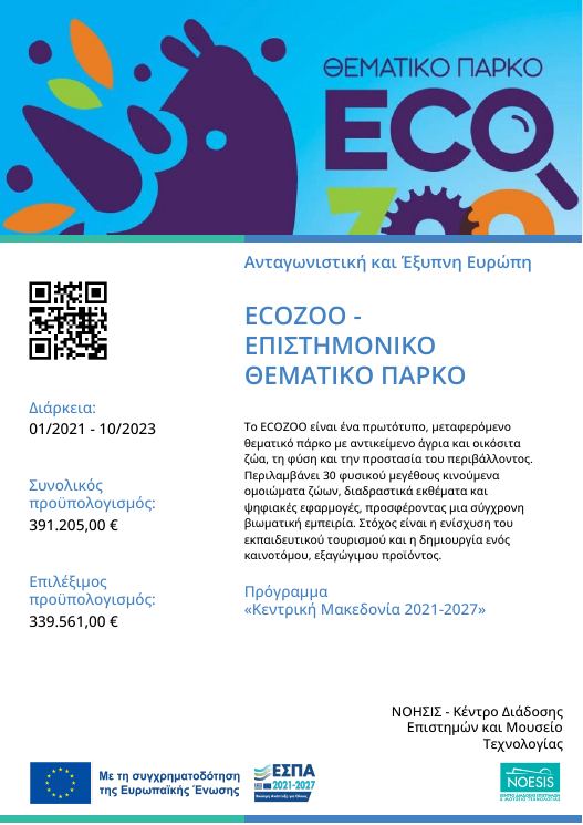 Αφίσα A3 της πράξης ECOZOO με το λογότυπο, QR code, διάρκεια, προϋπολογισμό και τα λογότυπα της Ευρωπαϊκής Ένωσης, του ΕΣΠΑ 2021-2027 και του ΝΟΗΣΙΣ